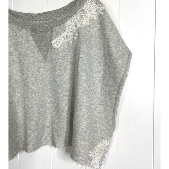 Free People Cropped Gray Sweatshirt with Bead and Lace Applica Size Large - Picture 3 of 7
